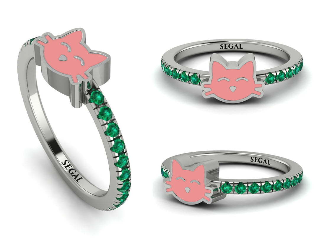 Elegant Enamel Cat Emerald Ring - Cat No. 6