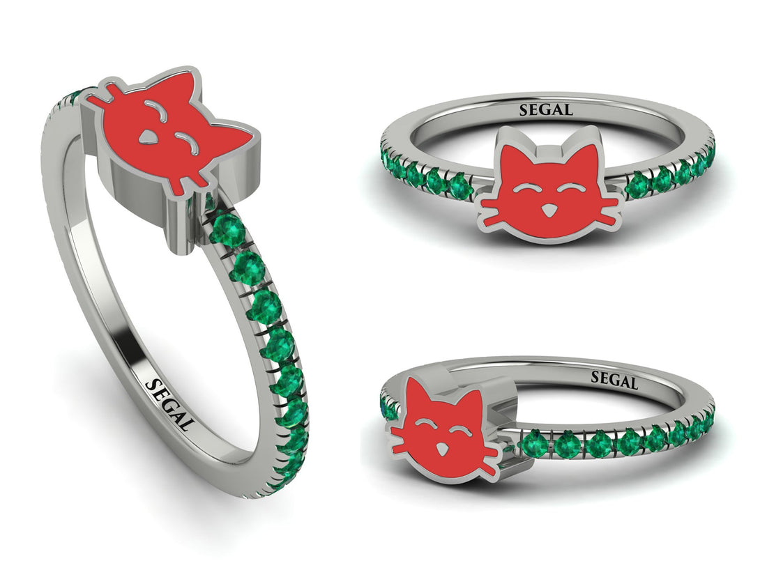 Elegant Enamel Cat Emerald Ring - Cat No. 6