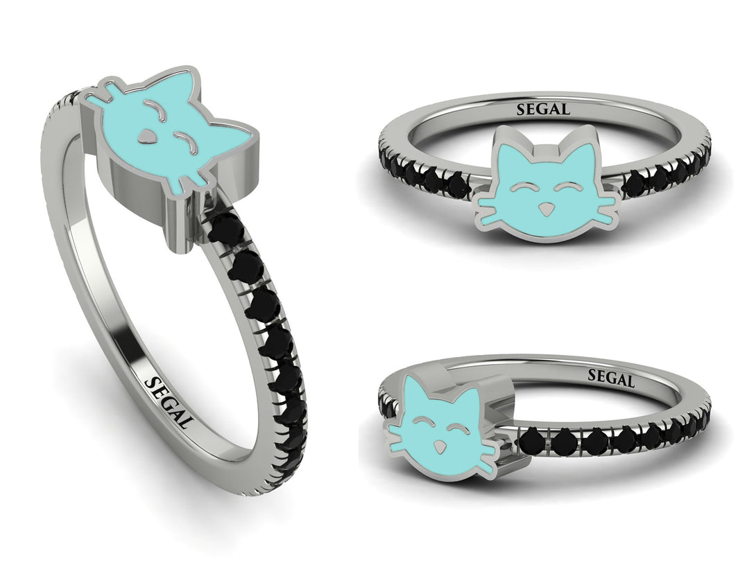 Elegant Enamel Cat Black Diamond Ring - Cat No. 9