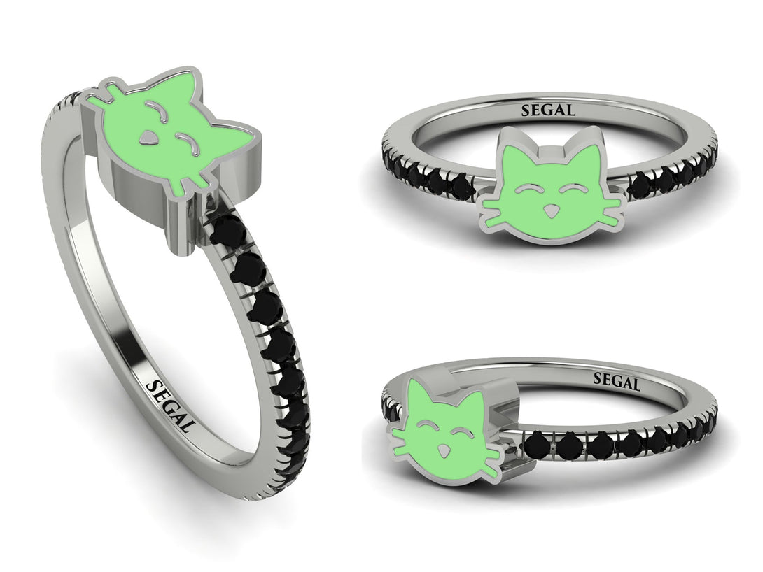 Elegant Enamel Cat Black Diamond Ring - Cat No. 9