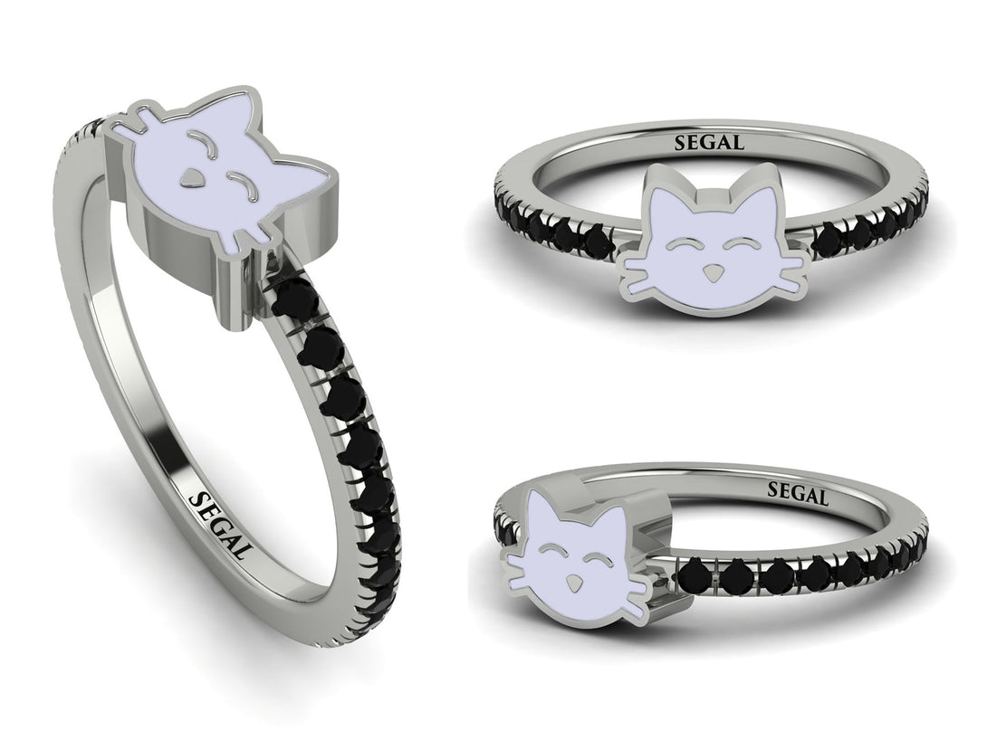 Elegant Enamel Cat Black Diamond Ring - Cat No. 9