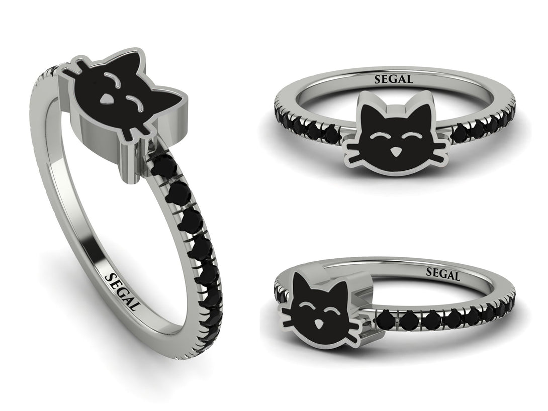 Elegant Enamel Cat Black Diamond Ring - Cat No. 9