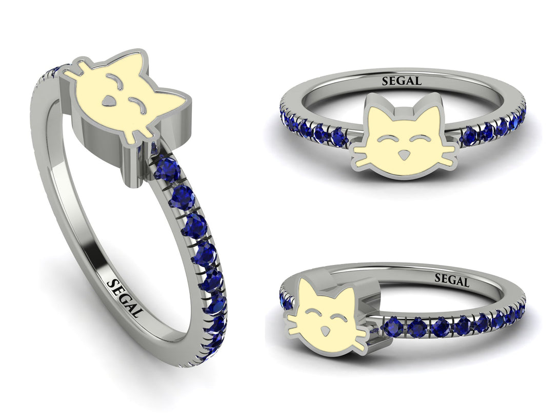 Elegant Enamel Cat Sapphire Ring - Cat No. 15