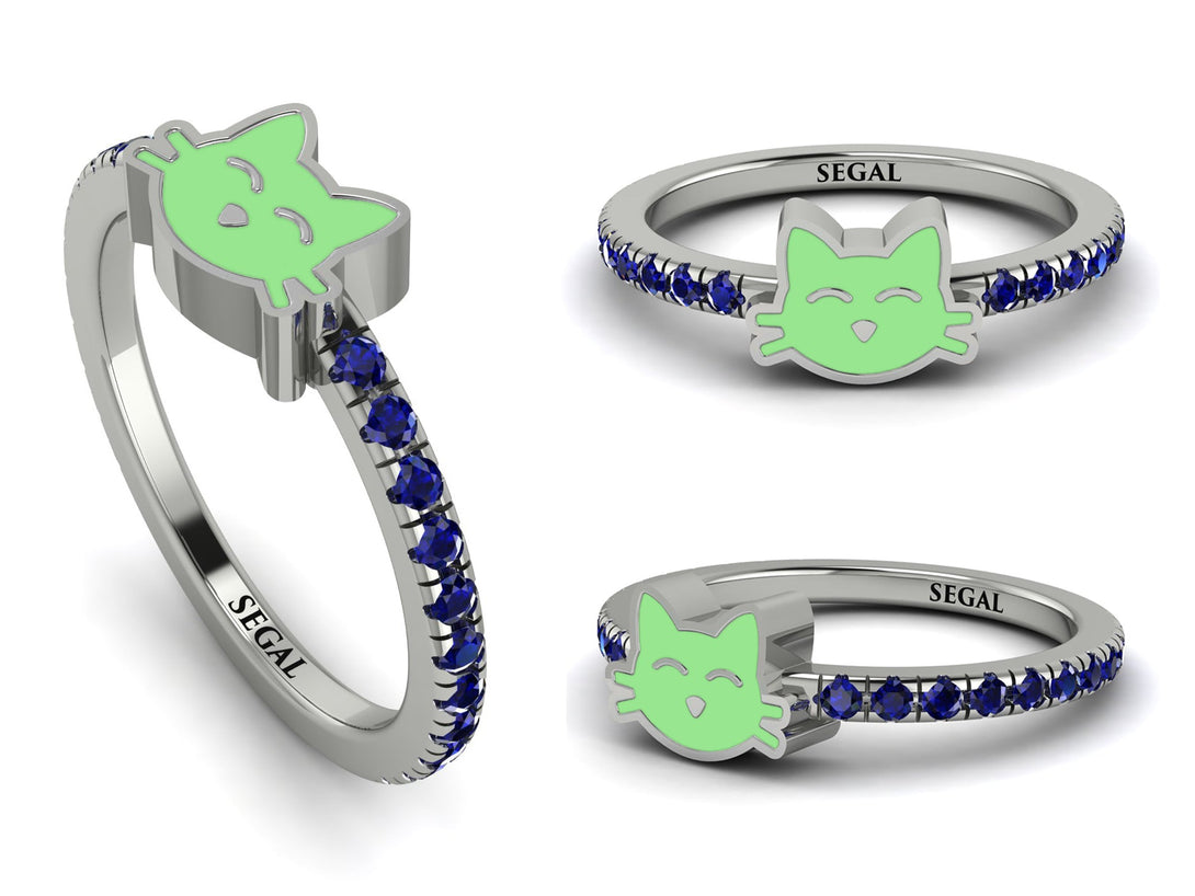 Elegant Enamel Cat Sapphire Ring - Cat No. 15
