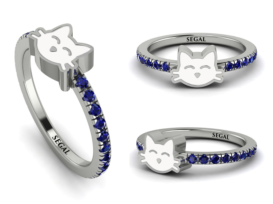 Elegant Enamel Cat Sapphire Ring - Cat No. 15