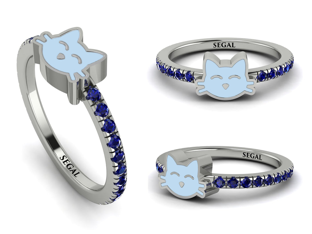 Elegant Enamel Cat Sapphire Ring - Cat No. 15