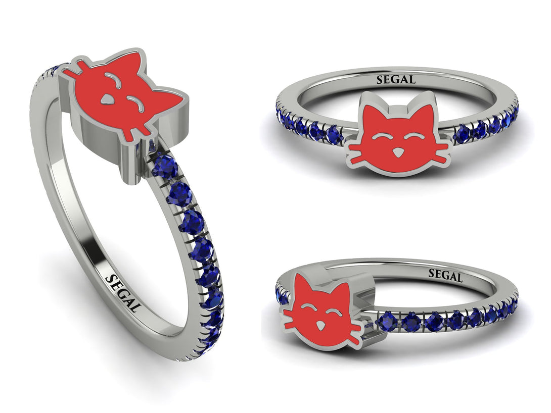 Elegant Enamel Cat Sapphire Ring - Cat No. 15