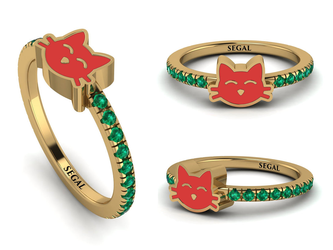 Elegant Enamel Cat Emerald Ring - Cat No. 4