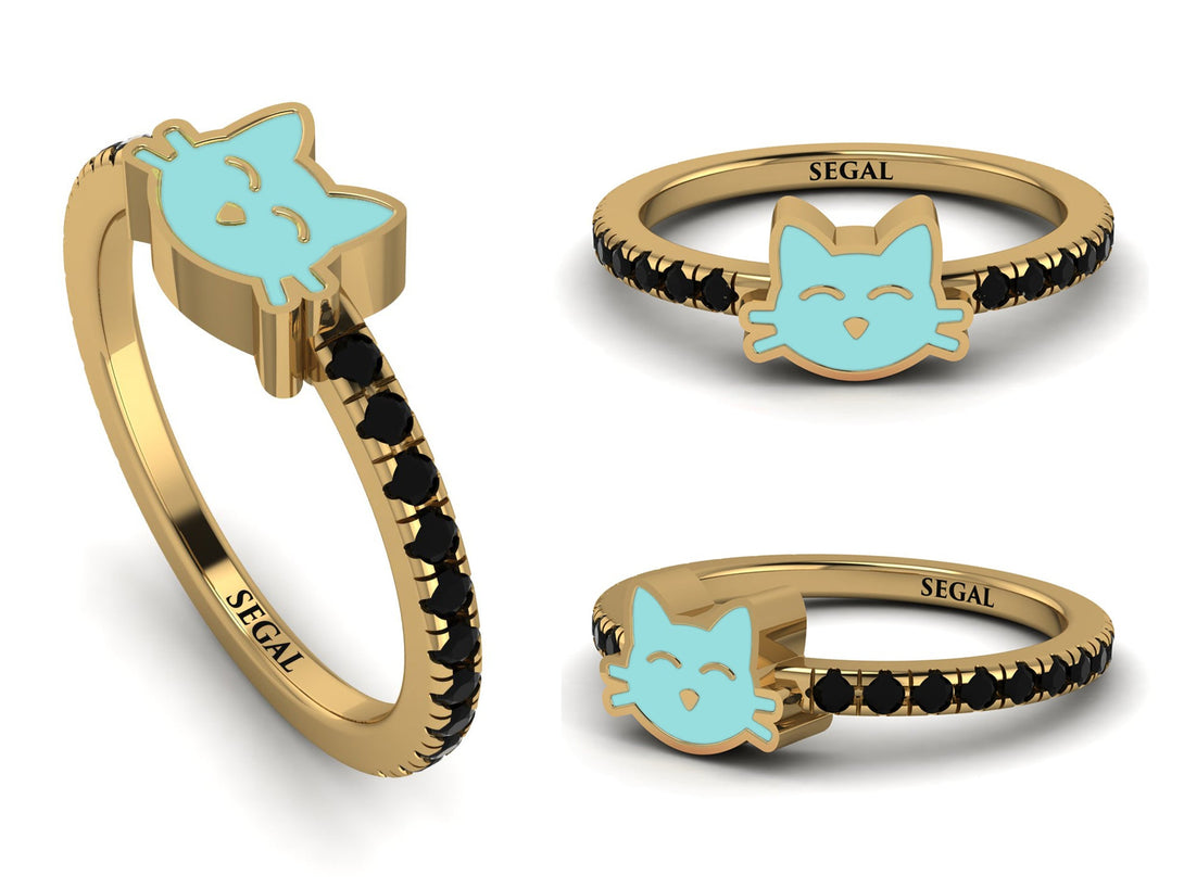 Elegant Enamel Cat Black Diamond Ring - Cat No. 7