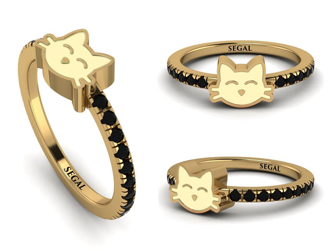 Elegant Enamel Cat Black Diamond Ring - Cat No. 7