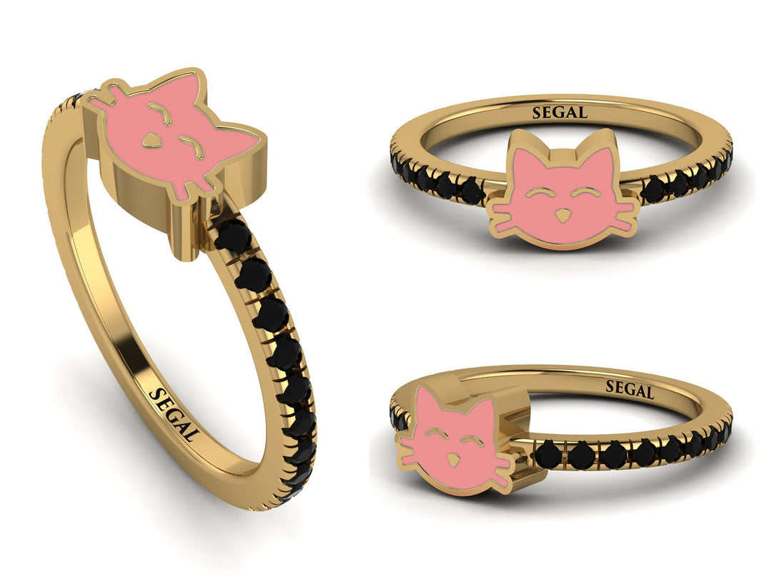 Elegant Enamel Cat Black Diamond Ring - Cat No. 7