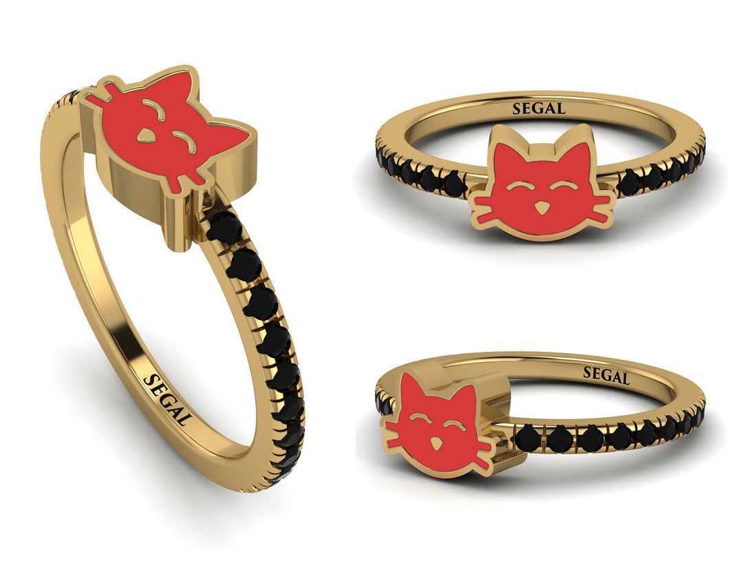 Elegant Enamel Cat Black Diamond Ring - Cat No. 7