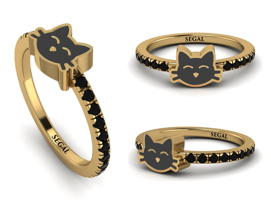 Elegant Enamel Cat Black Diamond Ring - Cat No. 7