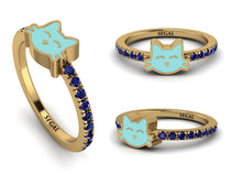 Elegant Enamel Cat Sapphire Ring - Cat No. 13 image 1