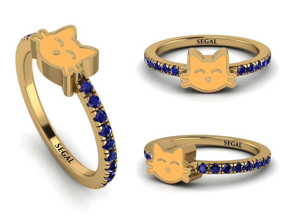 Elegant Enamel Cat Sapphire Ring - Cat No. 13