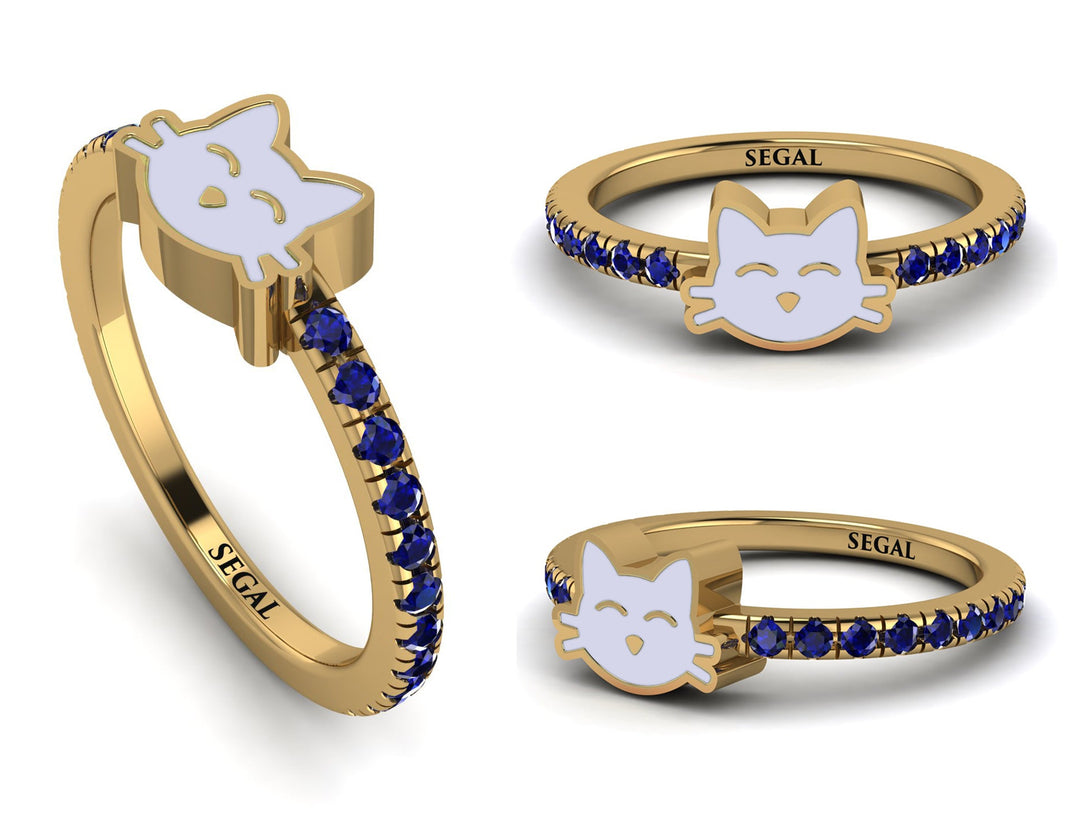 Elegant Enamel Cat Sapphire Ring - Cat No. 13