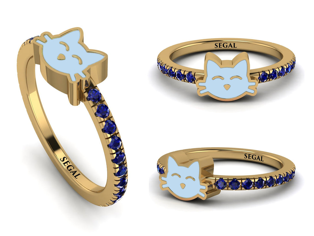 Elegant Enamel Cat Sapphire Ring - Cat No. 13