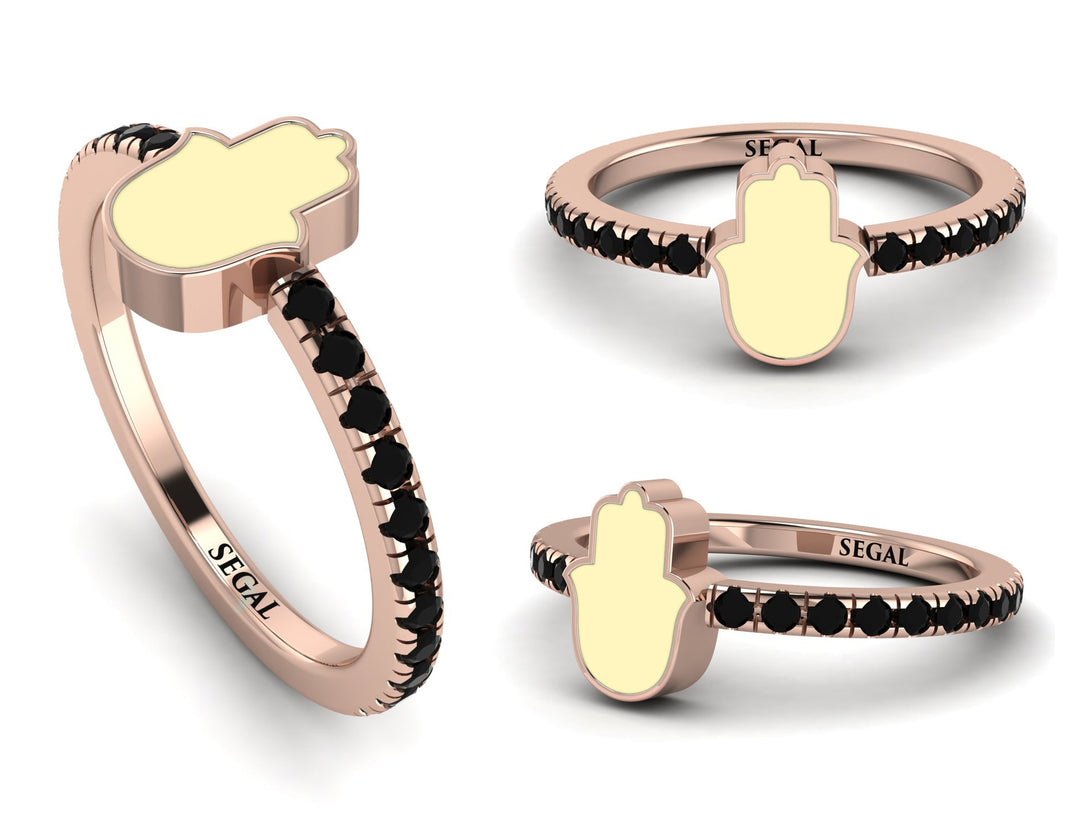 Elegant Enamel Hamsa Black Diamond Ring - Hamsa No. 8