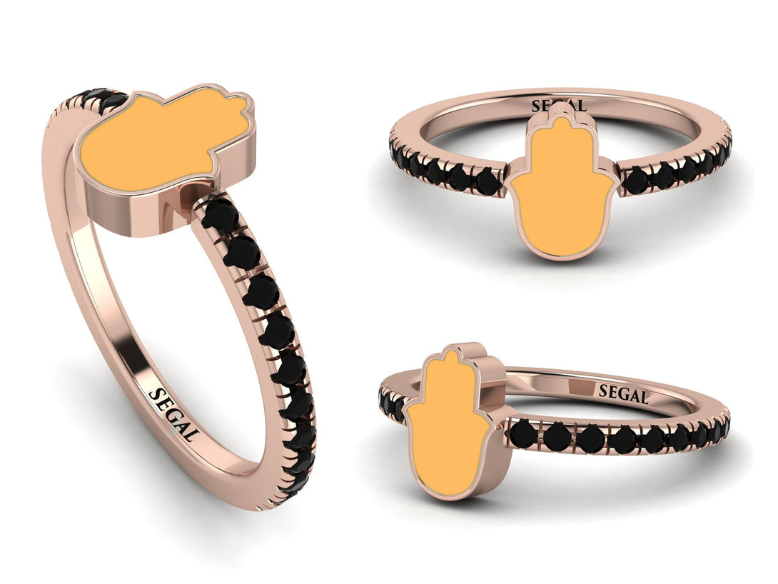 Elegant Enamel Hamsa Black Diamond Ring - Hamsa No. 8