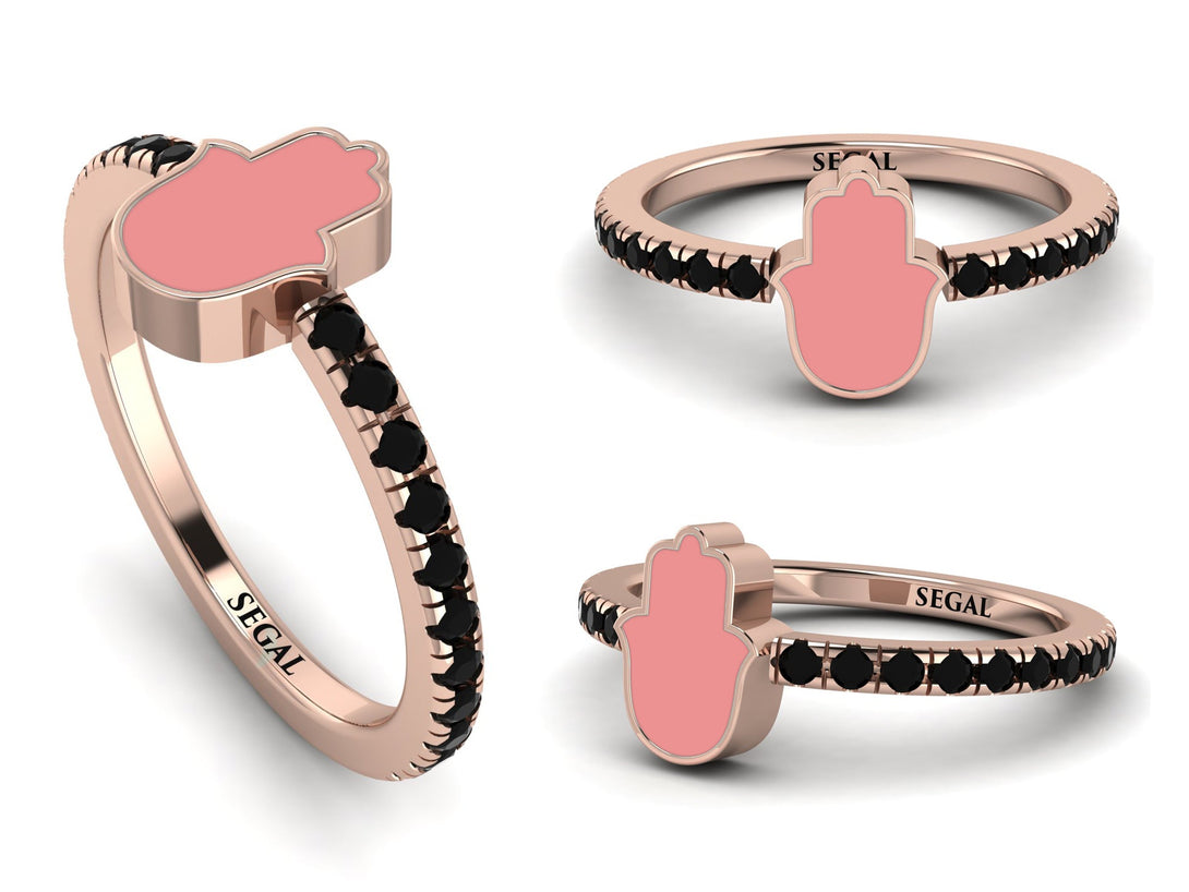 Elegant Enamel Hamsa Black Diamond Ring - Hamsa No. 8