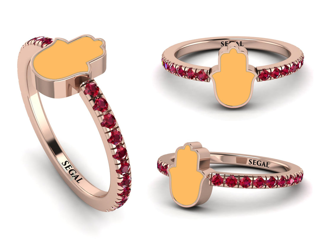 Elegant Enamel Hamsa Ruby Ring - Hamsa No. 11