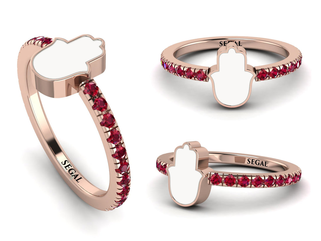 Elegant Enamel Hamsa Ruby Ring - Hamsa No. 11