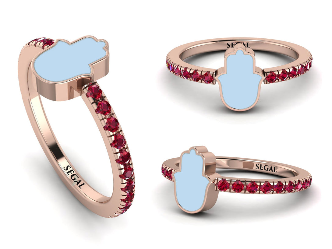 Elegant Enamel Hamsa Ruby Ring - Hamsa No. 11