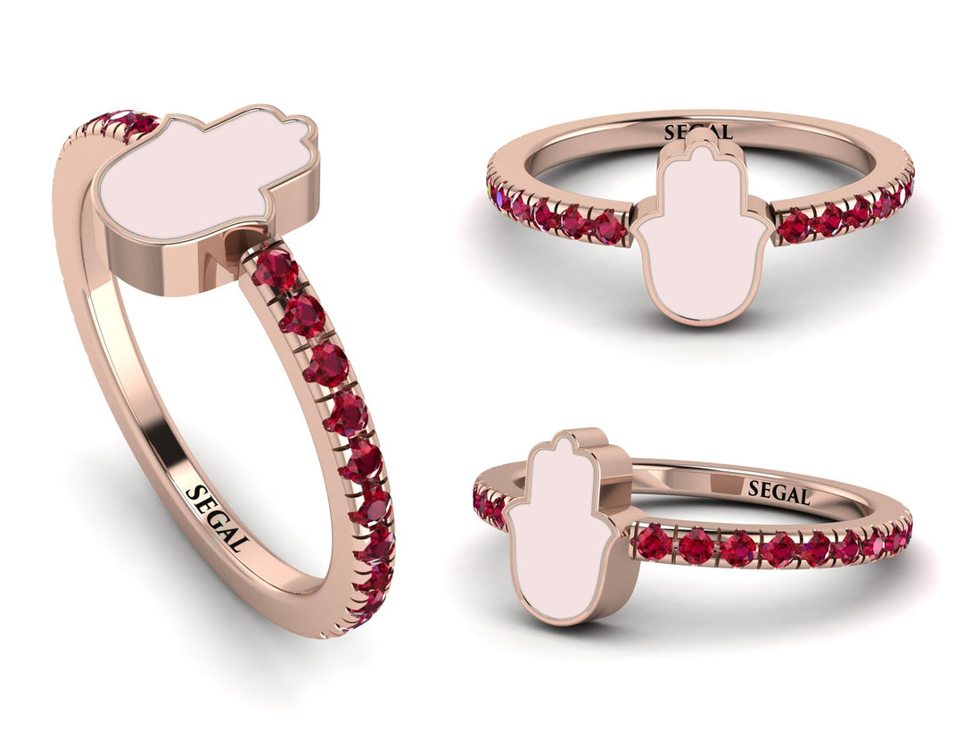 Elegant Enamel Hamsa Ruby Ring - Hamsa No. 11