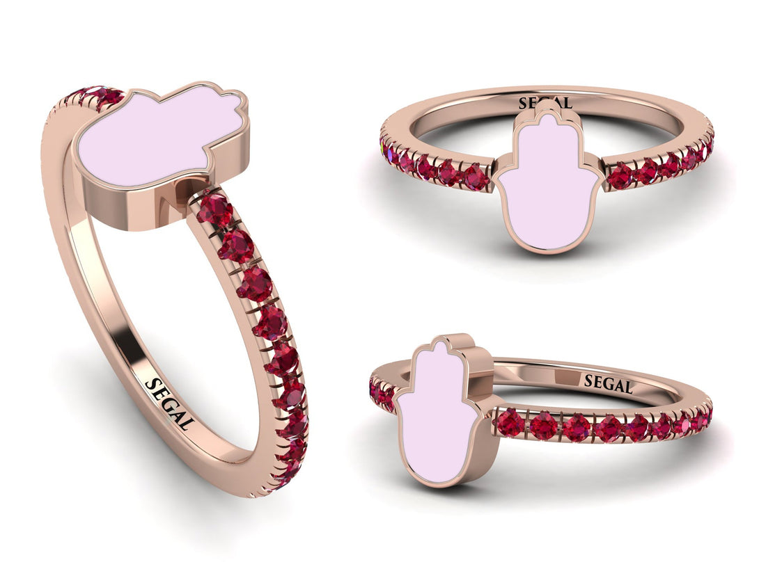 Elegant Enamel Hamsa Ruby Ring - Hamsa No. 11