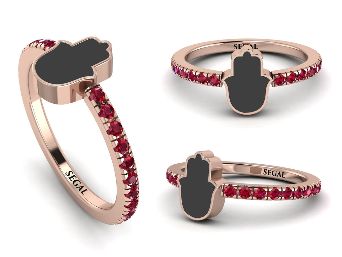 Elegant Enamel Hamsa Ruby Ring - Hamsa No. 11