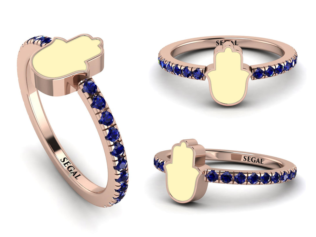 Elegant Enamel Hamsa Sapphire Ring - Hamsa No. 14