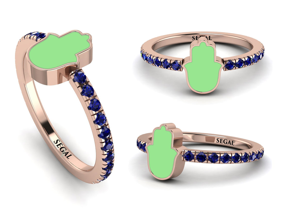 Elegant Enamel Hamsa Sapphire Ring - Hamsa No. 14