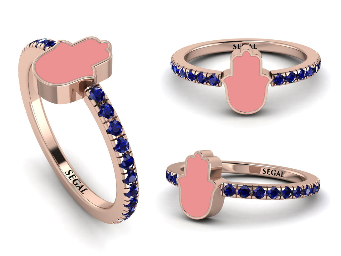 Elegant Enamel Hamsa Sapphire Ring - Hamsa No. 14