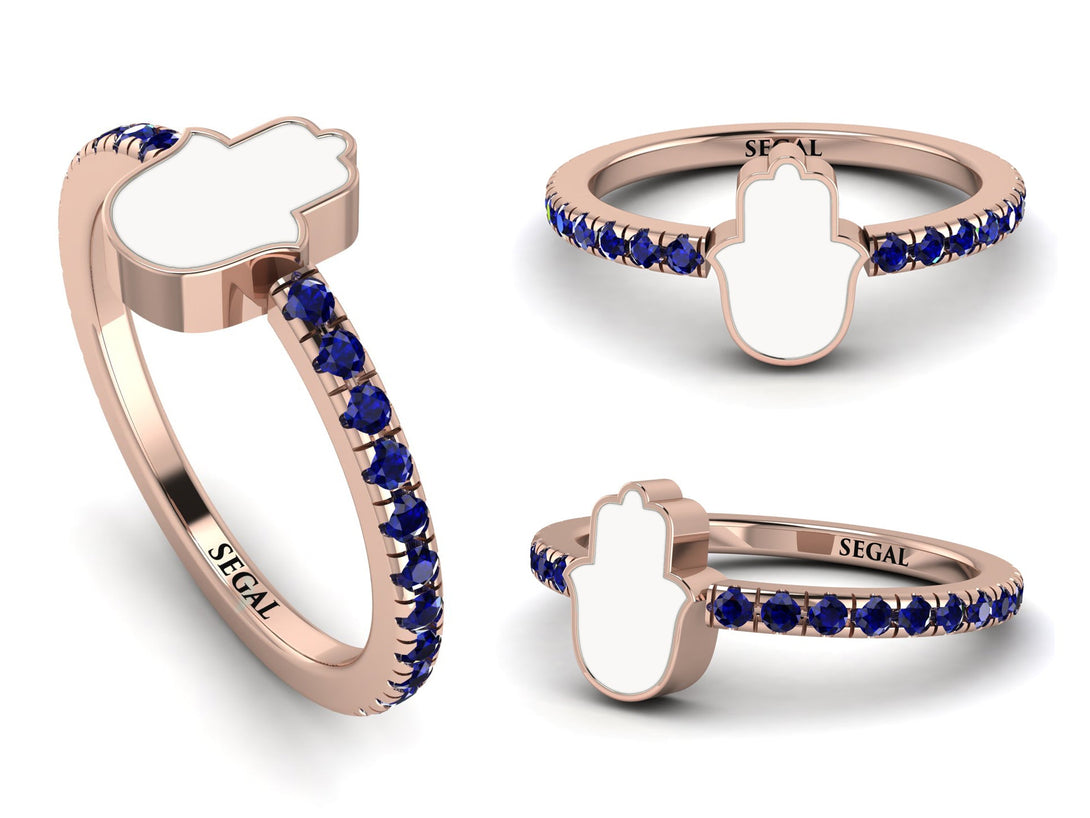 Elegant Enamel Hamsa Sapphire Ring - Hamsa No. 14