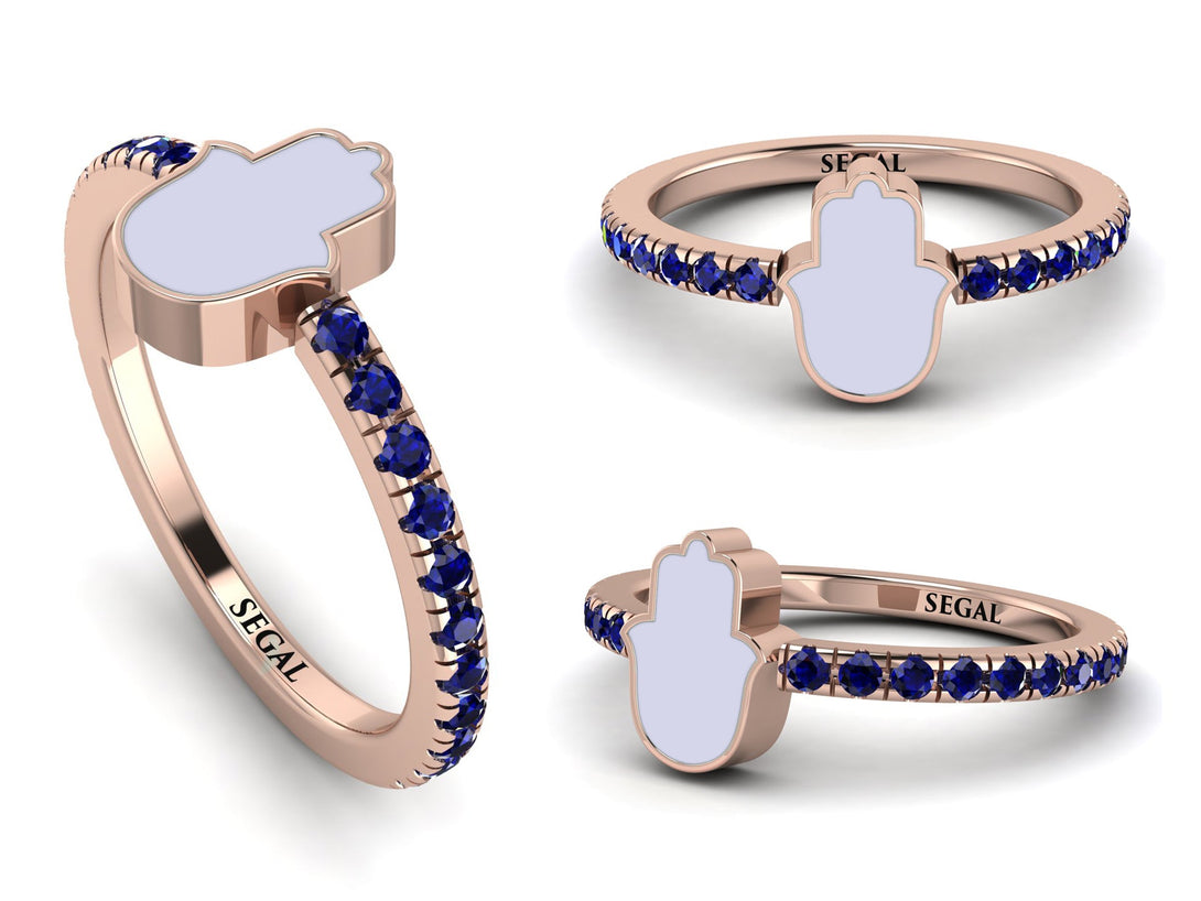 Elegant Enamel Hamsa Sapphire Ring - Hamsa No. 14