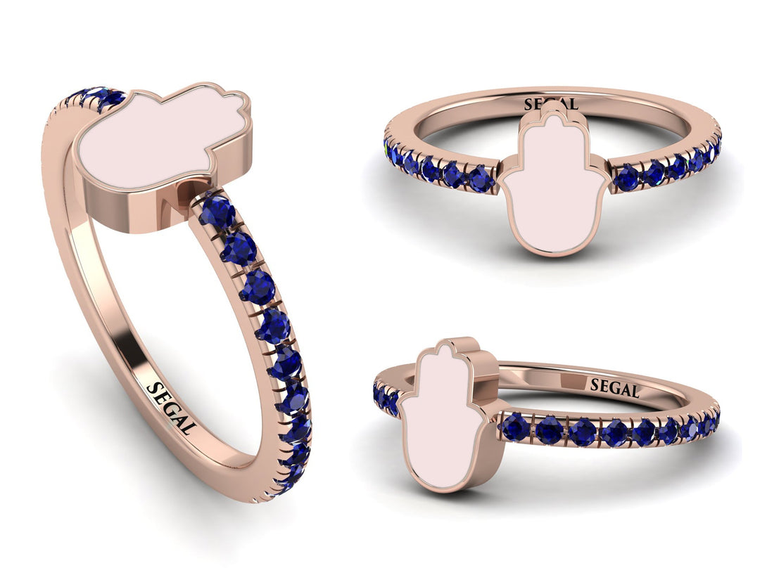 Elegant Enamel Hamsa Sapphire Ring - Hamsa No. 14