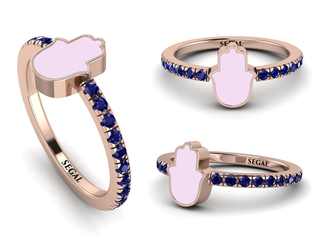Elegant Enamel Hamsa Sapphire Ring - Hamsa No. 14