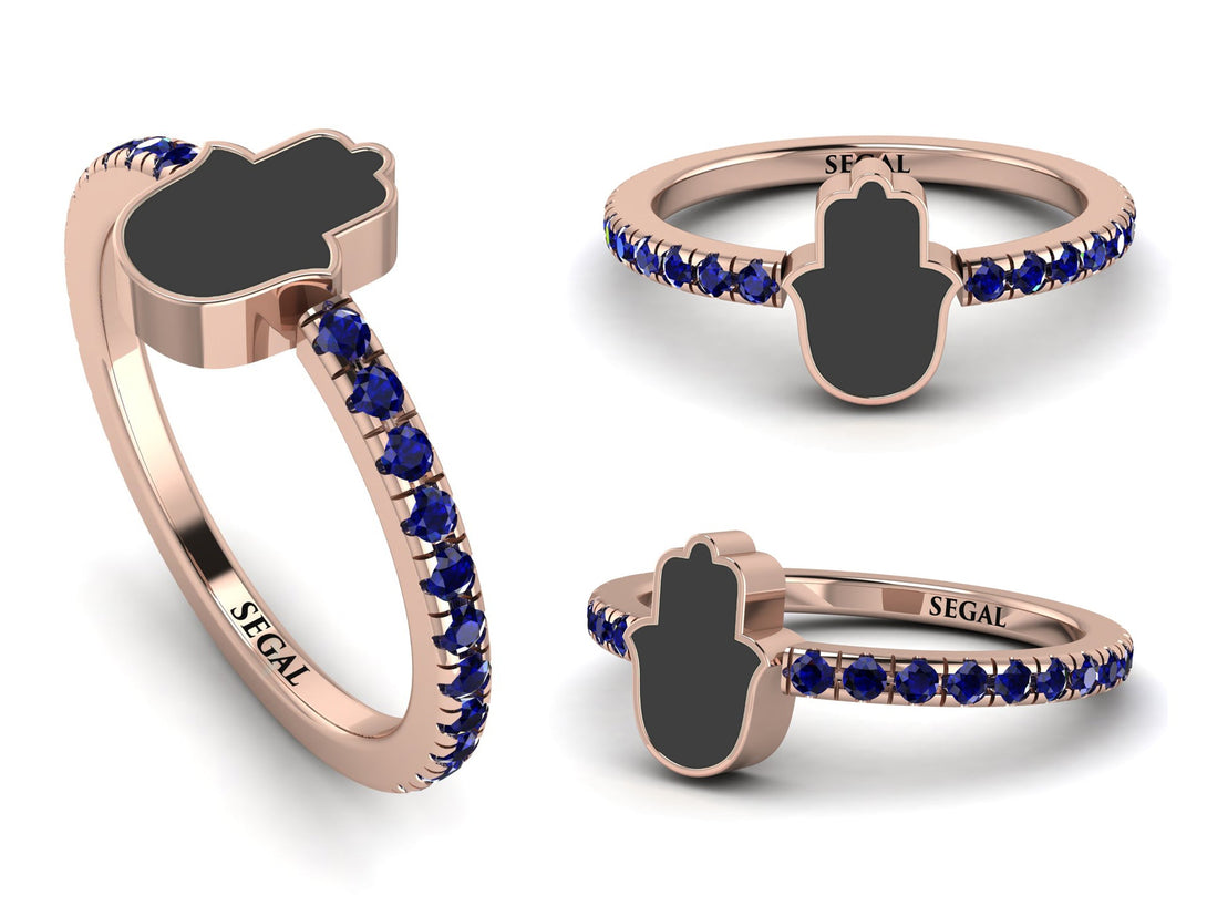 Elegant Enamel Hamsa Sapphire Ring - Hamsa No. 14