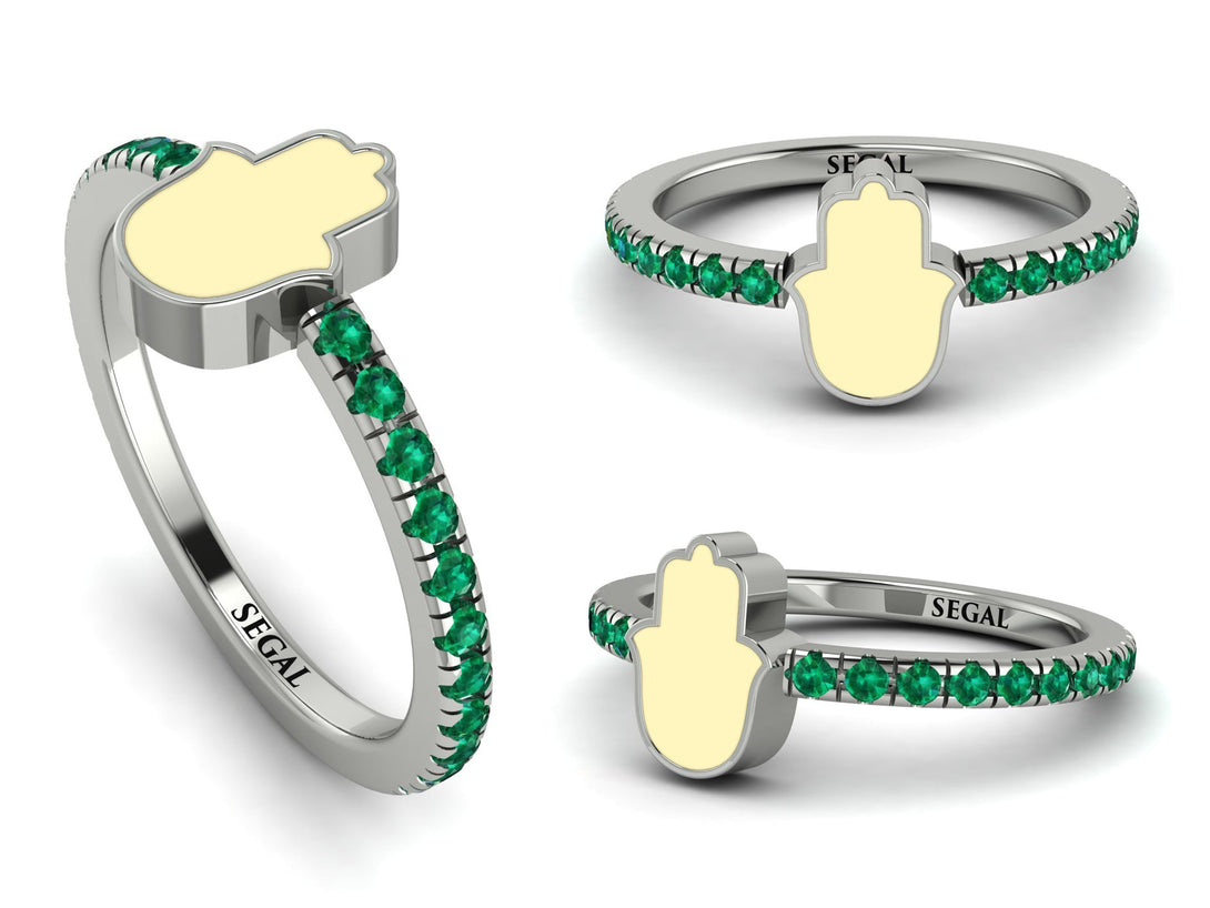 Elegant Enamel Hamsa Emerald Ring - Hamsa No. 6