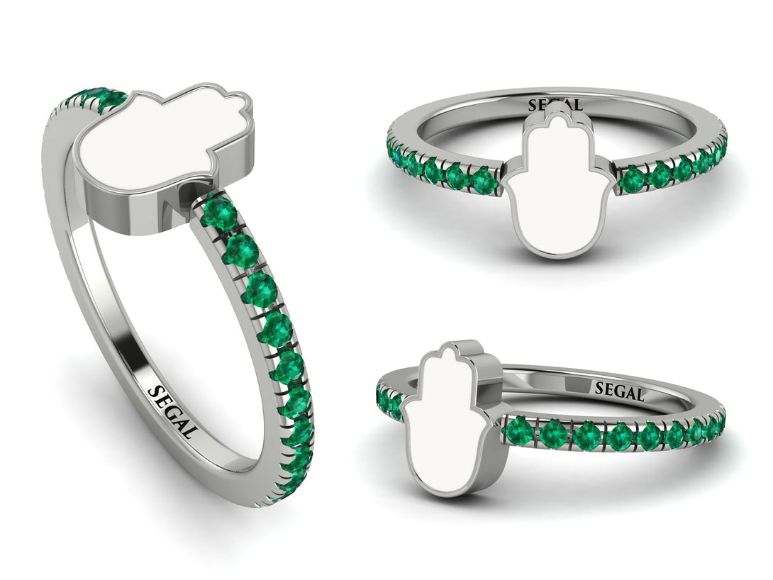 Elegant Enamel Hamsa Emerald Ring - Hamsa No. 6