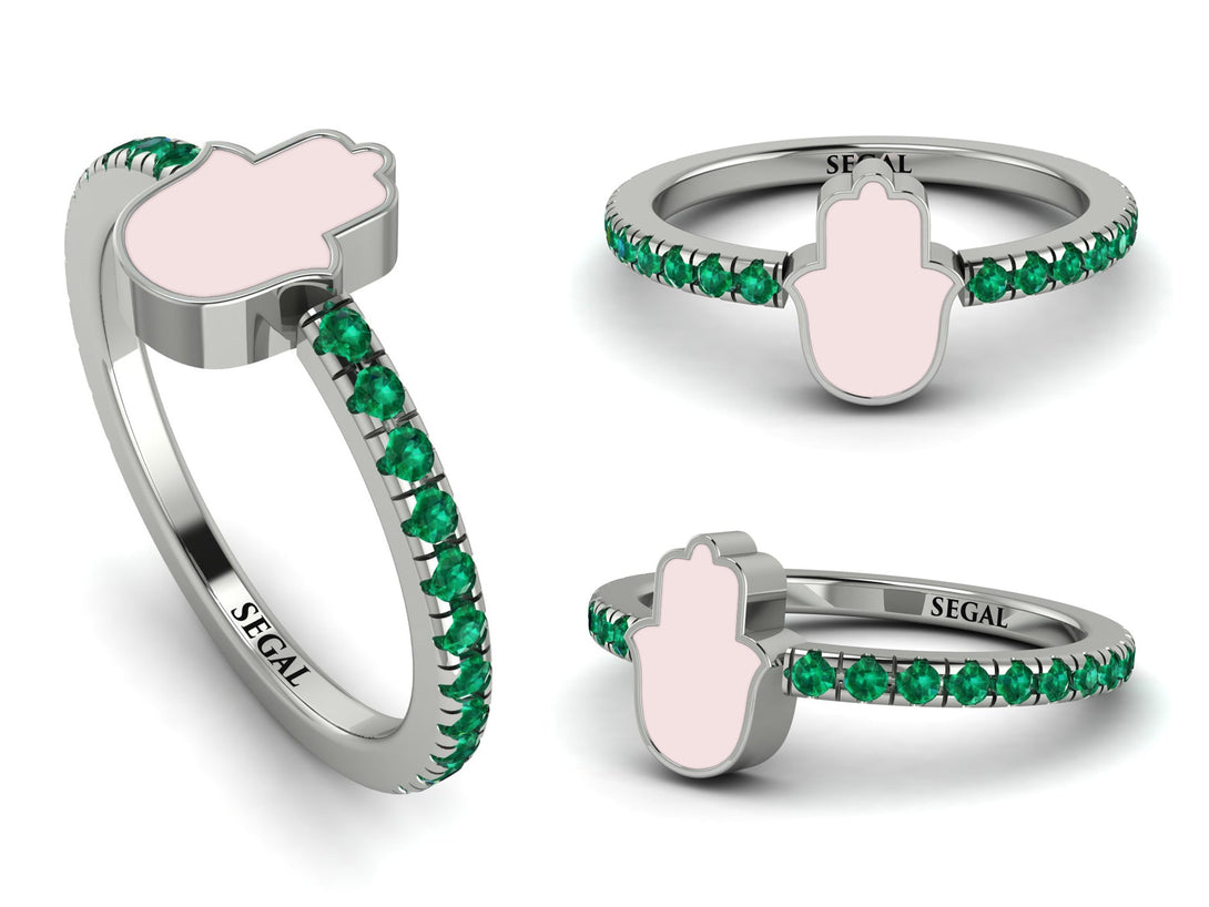 Elegant Enamel Hamsa Emerald Ring - Hamsa No. 6
