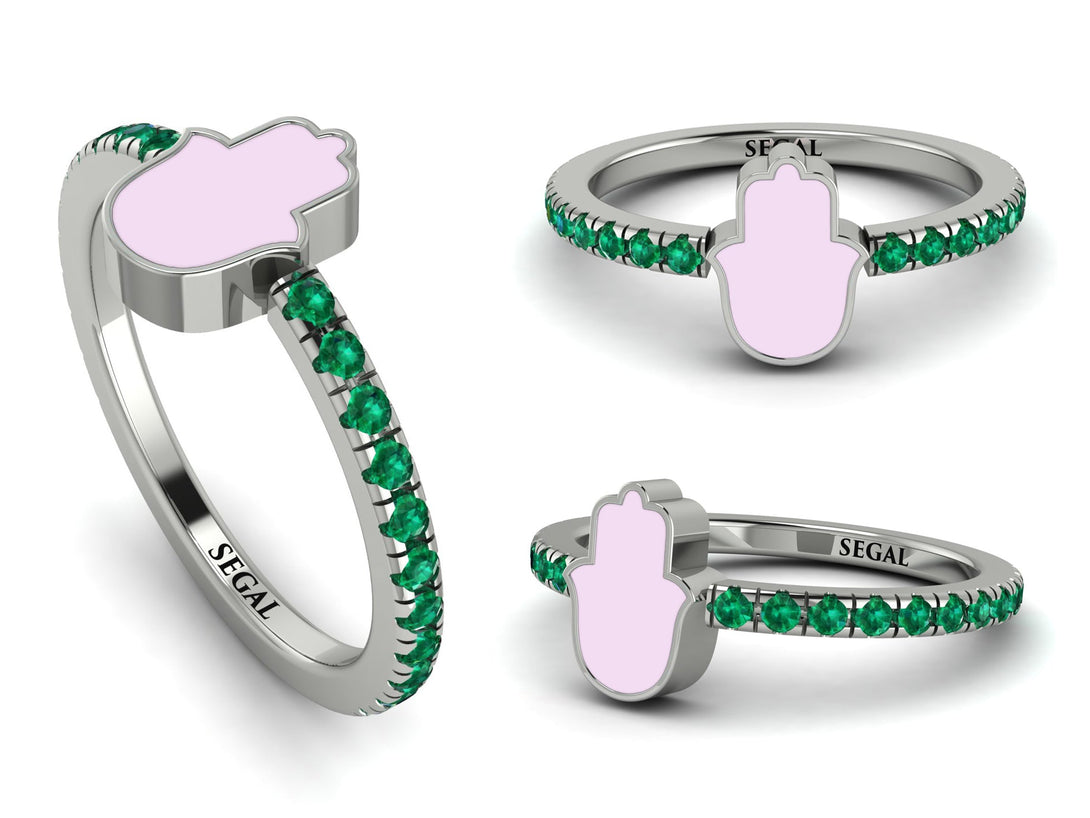 Elegant Enamel Hamsa Emerald Ring - Hamsa No. 6