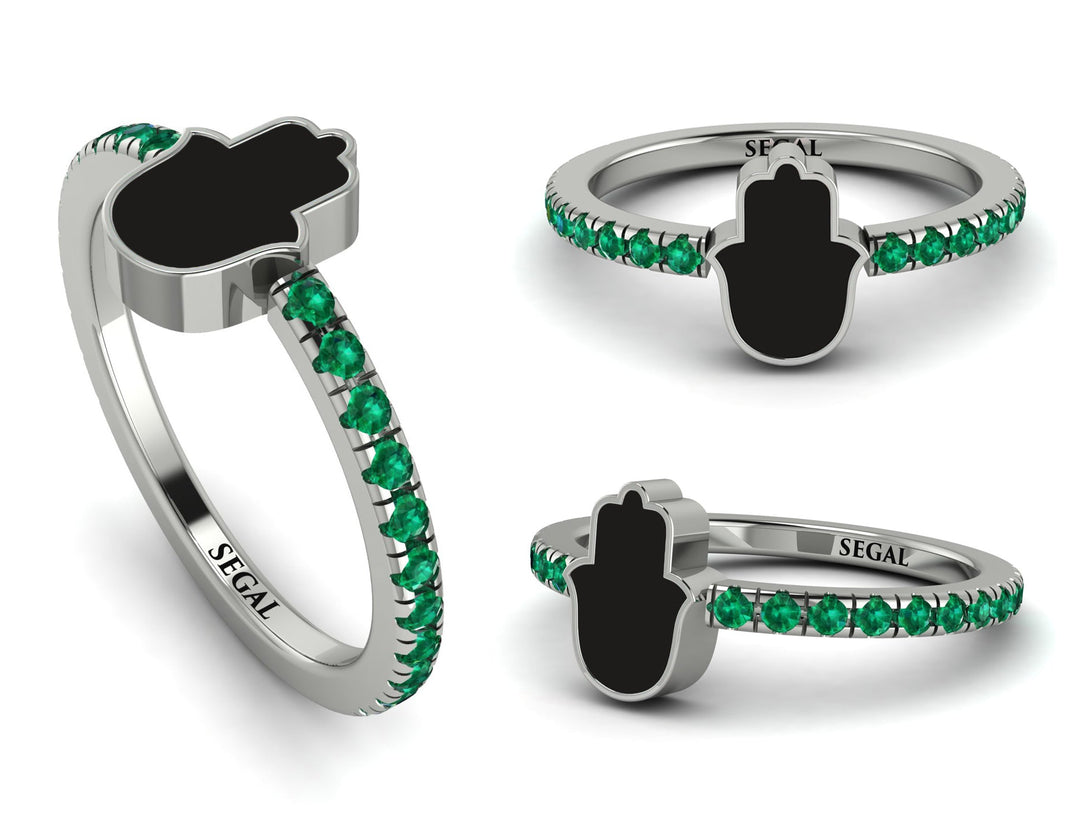 Elegant Enamel Hamsa Emerald Ring - Hamsa No. 6