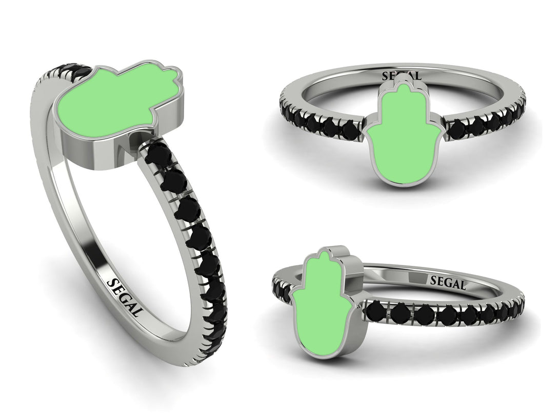Elegant Enamel Hamsa Black Diamond Ring - Hamsa No. 9