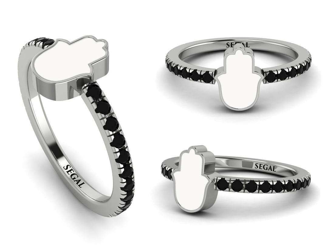 Elegant Enamel Hamsa Black Diamond Ring - Hamsa No. 9
