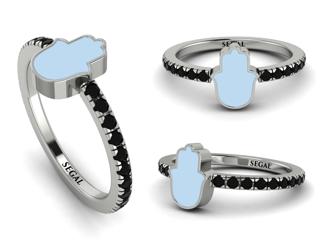 Elegant Enamel Hamsa Black Diamond Ring - Hamsa No. 9