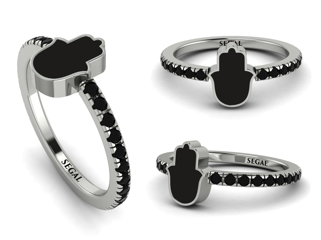 Elegant Enamel Hamsa Black Diamond Ring - Hamsa No. 9