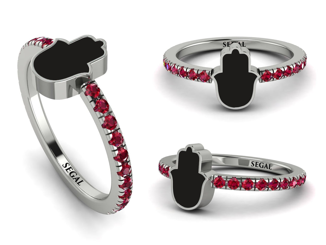 Elegant Enamel Hamsa Ruby Ring - Hamsa No. 12