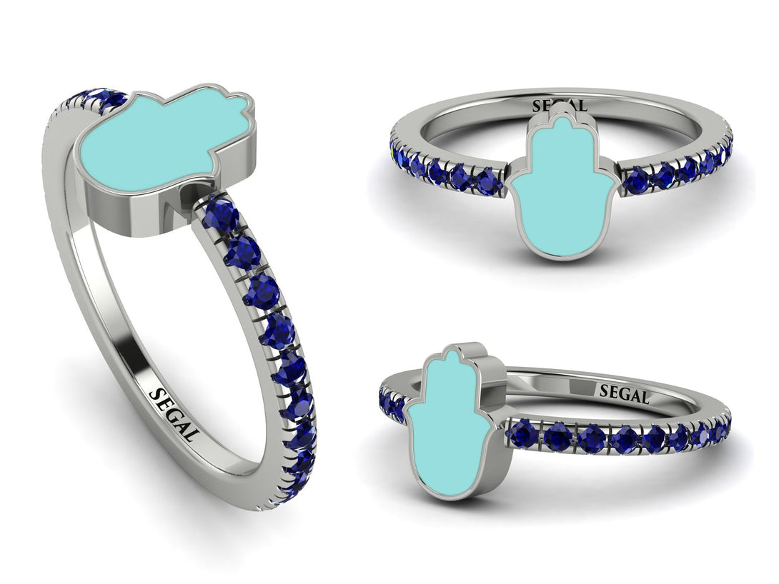 Elegant Enamel Hamsa Sapphire Ring - Hamsa No. 15