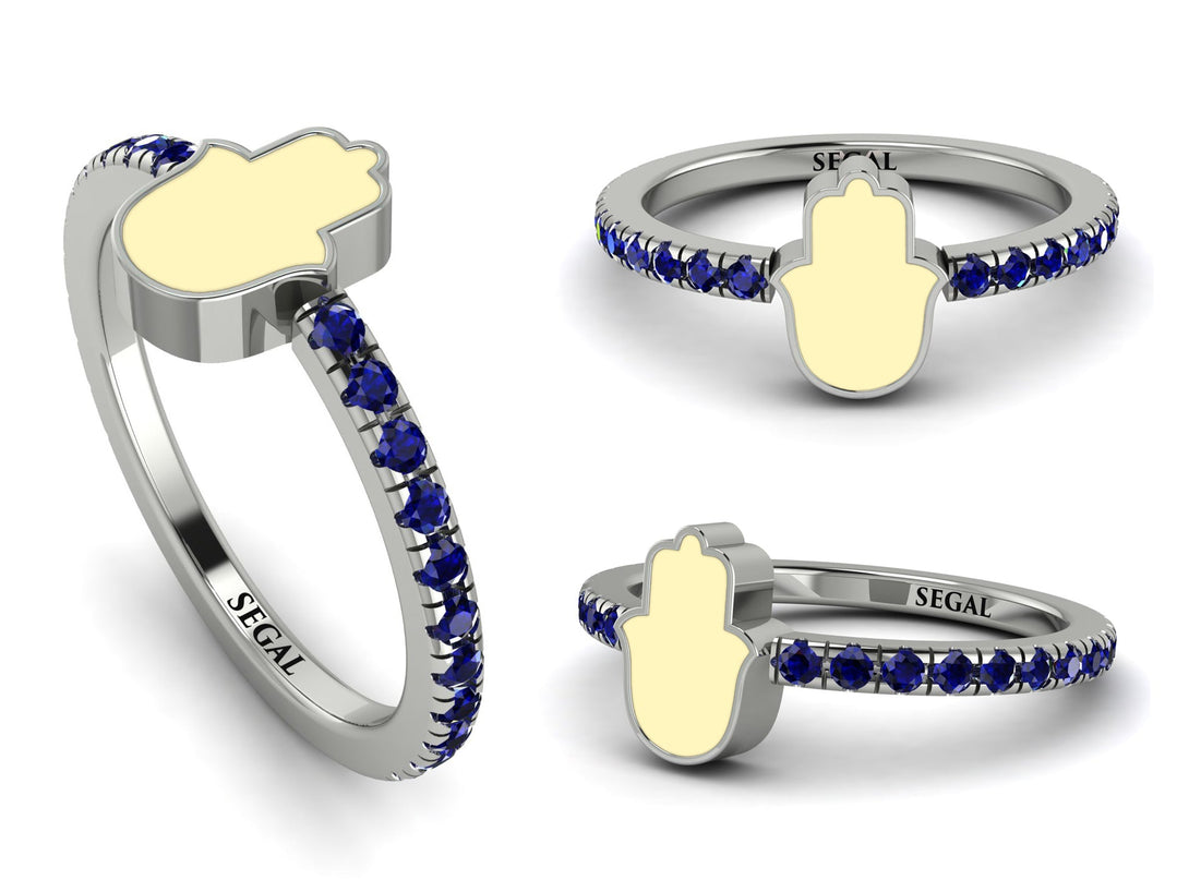 Elegant Enamel Hamsa Sapphire Ring - Hamsa No. 15